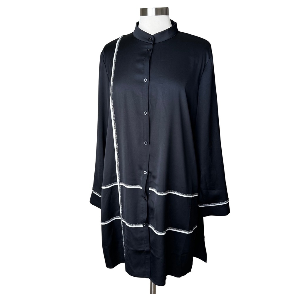 Misook Black Button Down Tunic Mandarin Collar Silver Metallic Trim XL K5081G